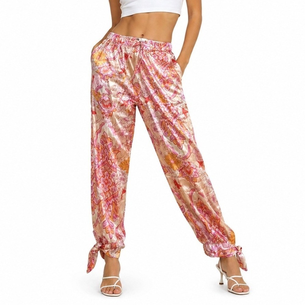 Zara Sasha Pant Women XS Pink Paisley Floral Satin Tie Ankle Joggers NEW